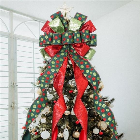 Christmas Tree Topper Wreath Bow Large Green Christmas Bow Tree Topper 52"x13" - Picture 3 of 8